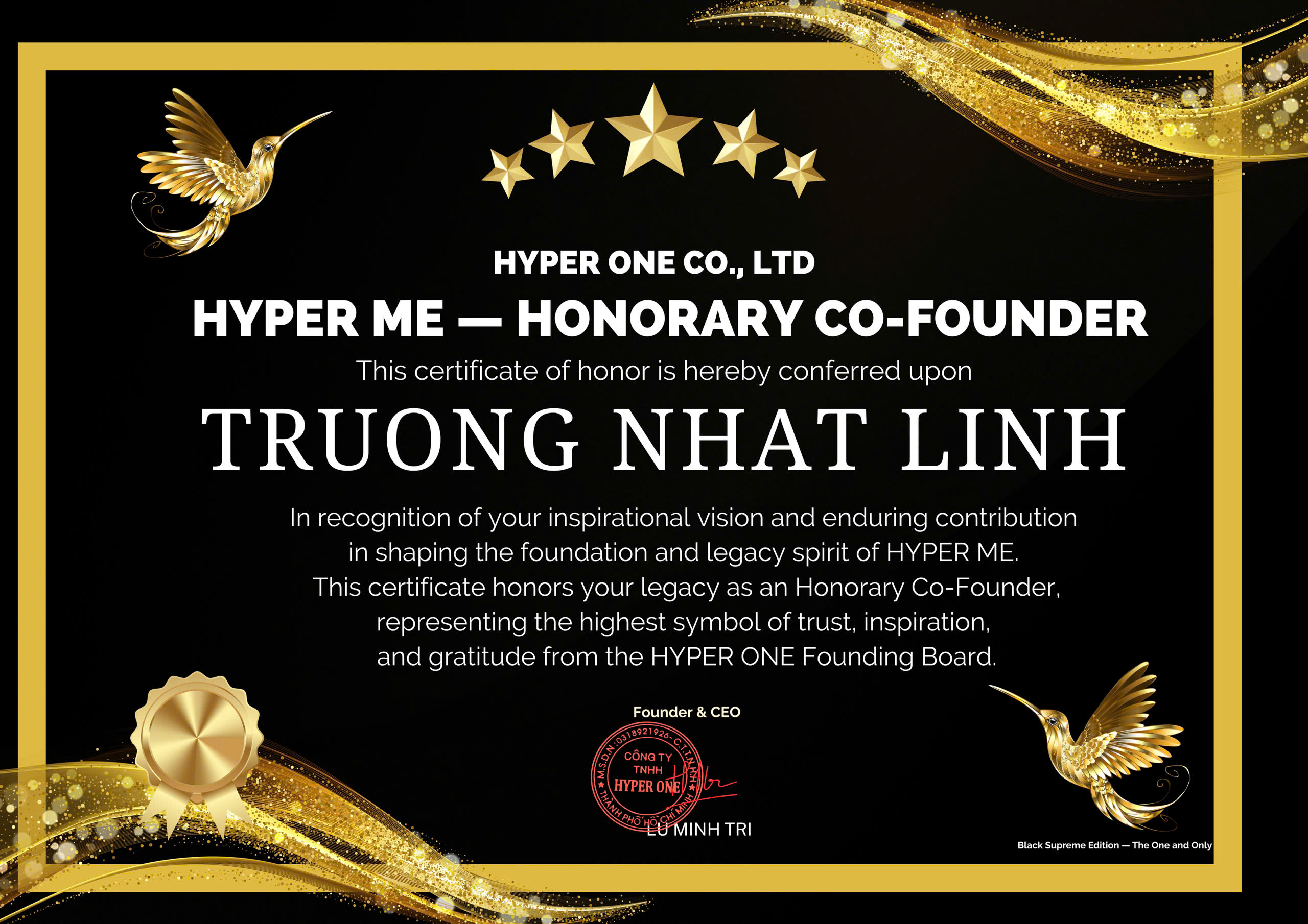Honorary Co-Founder Certificate - Truong Nhat Linh